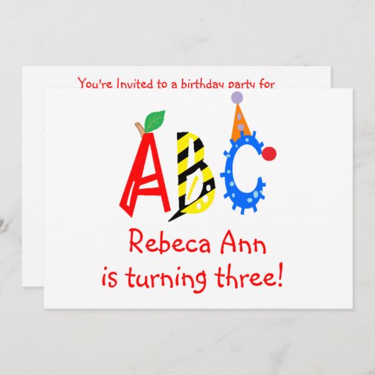 ABC 3 Derde verjaardag Uitnodigingen (Voorkant / Achterkant)