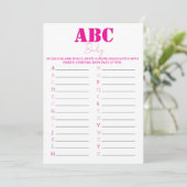 ABC alfabet Baby shower spel - roze Kaart (Staand voorkant)