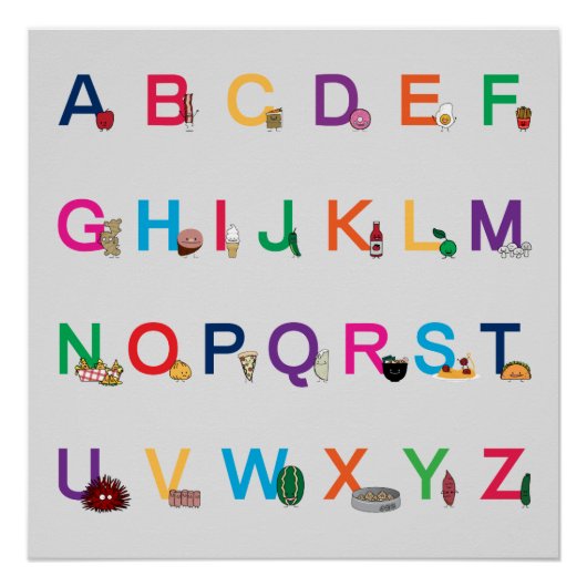ABC Alfabet learning letters Happy Foods Design Poster (Voorkant)
