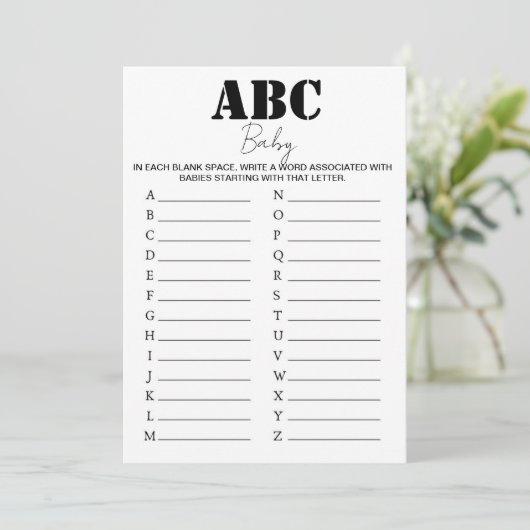 ABC Alphabet Baby shower Spel - B/W Kaart (Staand voorkant)
