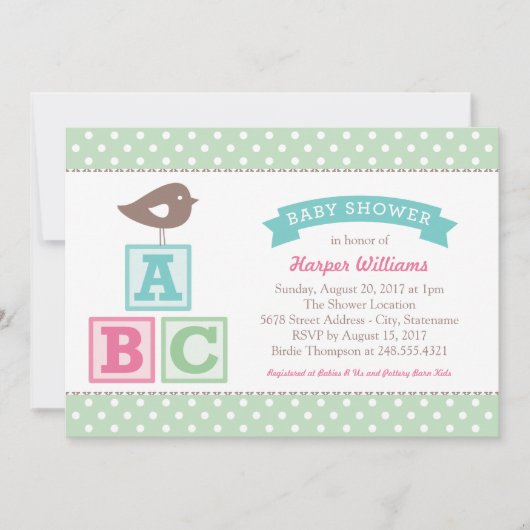 ABC Alphabet blokkeert Mint Green Baby shower Kaart (Voorkant)