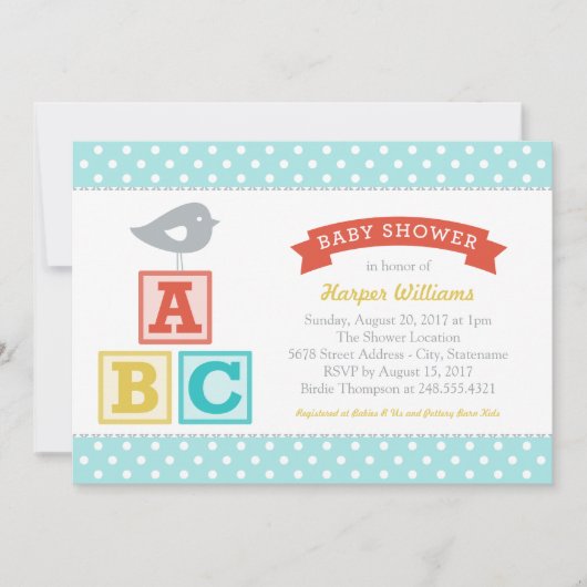 ABC Alphabet Blokken Aqua Blue Baby shower Kaart (Voorkant)