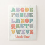 ABC Alphabet Persoonlijke naam Legpuzzel<br><div class="desc">Een kleurrijk,  retro Alfabet ontwerp dat voor uw kind kan worden aangepast. Geïnspireerd door retro lettersoorten en boho stijl,  kan dit ontwerp met de naam van een kind,  monogram,  of andere teksten worden aangepast. Genderneutrale kleuren; paarse,  groene,  oranje,  gele,  blauwgroen,  turquoise,  grijs,  bruin,  crème.</div>