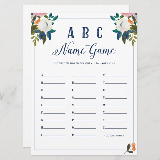 ABC Baby Naam Douche Spel Kaart (Voorkant / Achterkant)