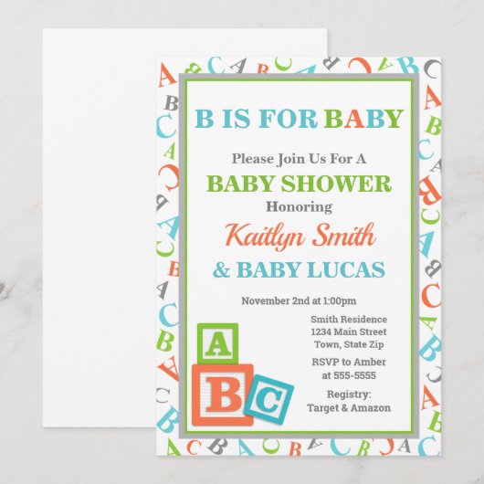 ABC Baby shower Uitnodiging neutraal Baby shower (Voorkant / Achterkant)