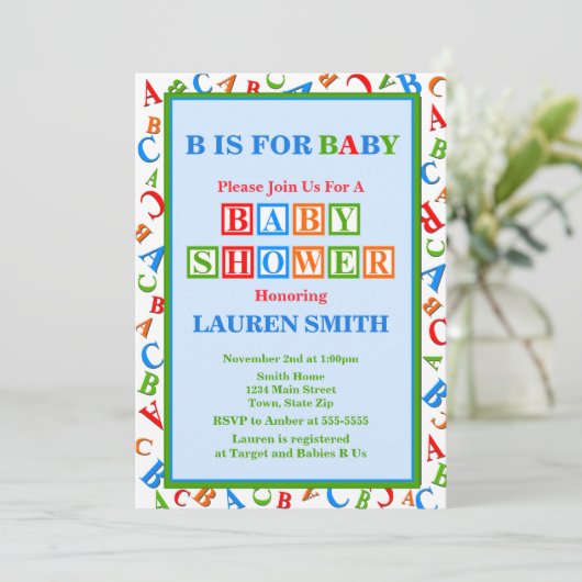 ABC Baby shower Uitnodiging neutraal Baby shower (Staand voorkant)