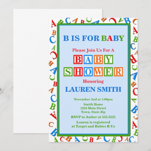 ABC Baby shower Uitnodiging neutraal Baby shower (Voorkant / Achterkant)