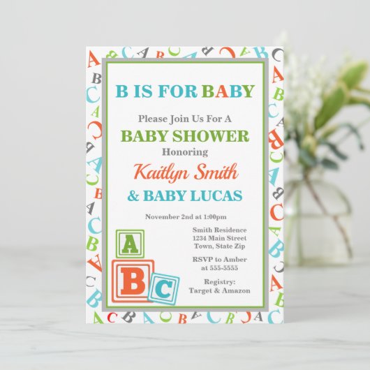 ABC Baby shower Uitnodiging neutraal Baby shower (Staand voorkant)