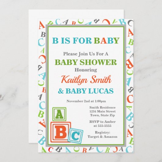 ABC Baby shower Uitnodiging neutraal Baby shower (Voorkant / Achterkant)