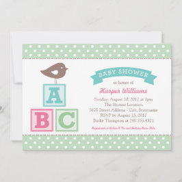 ABC-blokken Mintgroene Vogel Baby Meisje Shower Kaart