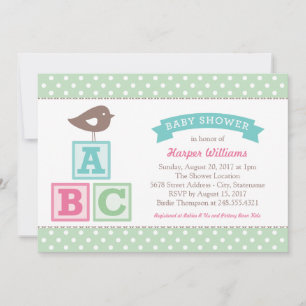 ABC-blokken Mintgroene Vogel Baby Meisje Shower Kaart