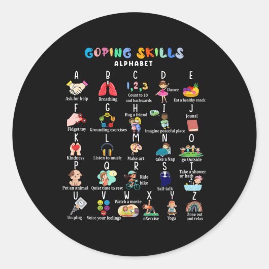 ABC Coping Skills Alfabet Zelfzorg Geestelijke Gez Ronde Sticker (Voorkant)