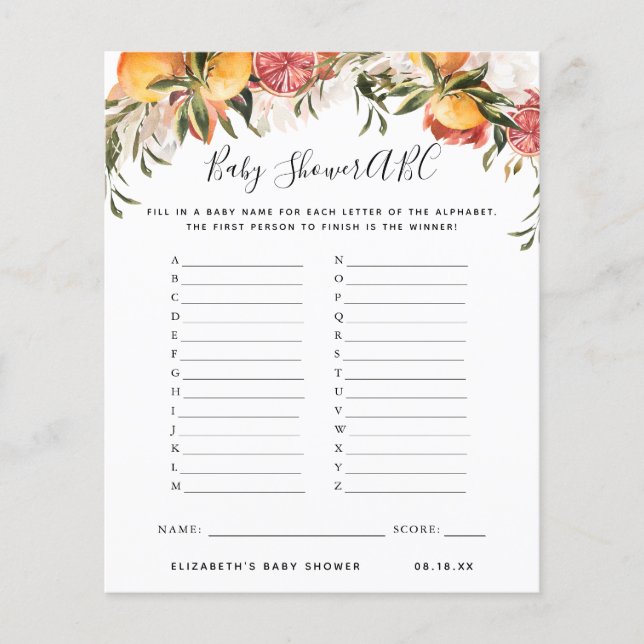 ABC Game | Vloeibaar Baby shower (Voorkant)