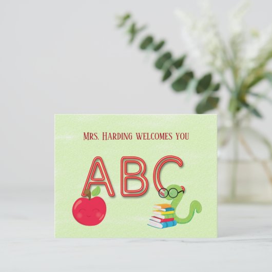ABC Neon Letters Bookworm met Website Briefkaart (Staand voorkant)