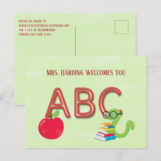 ABC Neon Letters Bookworm met Website Briefkaart (Voorkant / Achterkant)