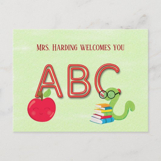 ABC Neon Letters Bookworm met Website Briefkaart (Voorkant)