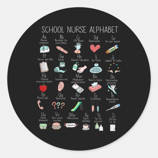 ABC School Nurse Alphabet Nurse Appreciation Nurse Ronde Sticker (Voorkant)