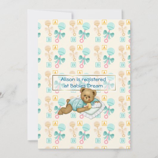 ABC Teddy Douche Uitnodiging - Perzik en Aqua (Achterkant)