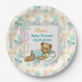 ABC Teddy Peach en Aqua Baby shower Papier Borden Papieren Bordje