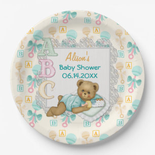 ABC Teddy Peach en Aqua Baby shower Papier Borden Papieren Bordje