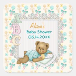 ABC Teddy Peach en Aqua Baby shower Vierkante Sticker