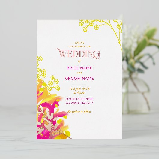 Abctract Roze en Sinaasappel Bloemen Bruiloft Folie Uitnodiging (Staand Voorkant)