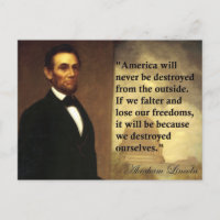 Abe Lincoln Quote: "Amerika zal nooit..."