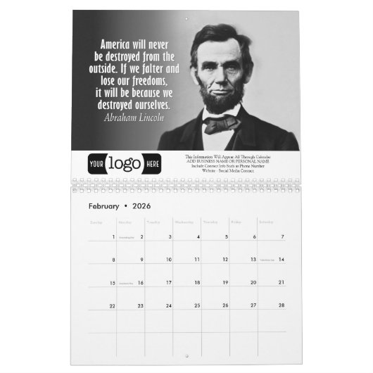 Abe Lincoln Quotes - Zakelijke Logo Promotie Kalender (Feb 2026)
