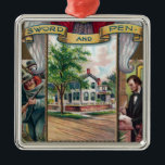 Abe Lincoln's Springfield Home Vintage Metalen Ornament<br><div class="desc">Sword en pen Het huis van Abraham Lincoln Springfield ILL Een engel met grote vedervleugels heeft een zwaard in de ene hand en een kwal in de andere. Abe Lincoln schrijft op zijn bureau tegenover soldaten van de Unie met geweren die de strijd ingaan. In het midden van dit patriottische...</div>
