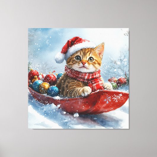 Abessijnse kat in slee laat het sneeuwen Kerstmis Canvas Afdruk (Voorkant)