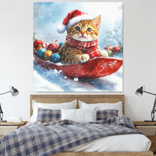 Abessijnse kat in slee laat het sneeuwen Kerstmis Canvas Afdruk (Insitu (Slaapkamer))