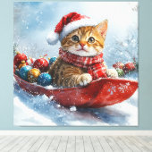Abessijnse kat in slee laat het sneeuwen Kerstmis Canvas Afdruk (Insitu (Houten vloer))