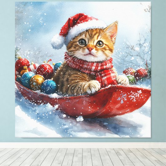 Abessijnse kat in slee laat het sneeuwen Kerstmis Canvas Afdruk (Insitu (Houten vloer))