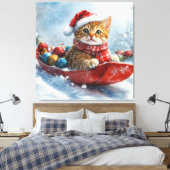 Abessijnse kat in slee laat het sneeuwen Kerstmis Canvas Afdruk (Insitu (Slaapkamer))