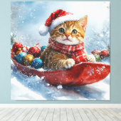 Abessijnse kat in slee laat het sneeuwen Kerstmis Canvas Afdruk (Insitu (Houten vloer))