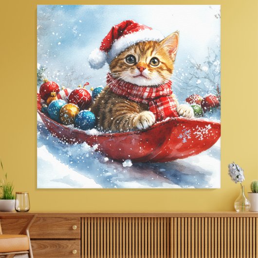 Abessijnse kat in slee laat het sneeuwen Kerstmis Canvas Afdruk (Insitu (Woonkamer))