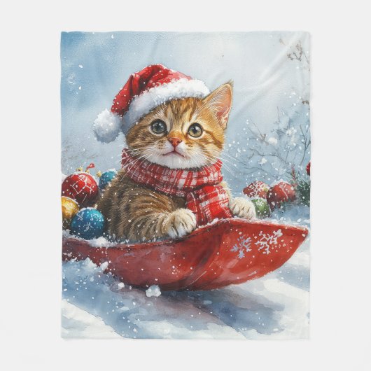 Abessijnse kat in slee laat het sneeuwen Kerstmis Fleece Deken (Voorkant)
