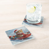 Abessijnse kat in slee laat het sneeuwen Kerstmis Glazen Onderzetter (Schuin)