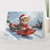 Abessijnse kat in slee laat het sneeuwen Kerstmis Kaart (Voorkant)