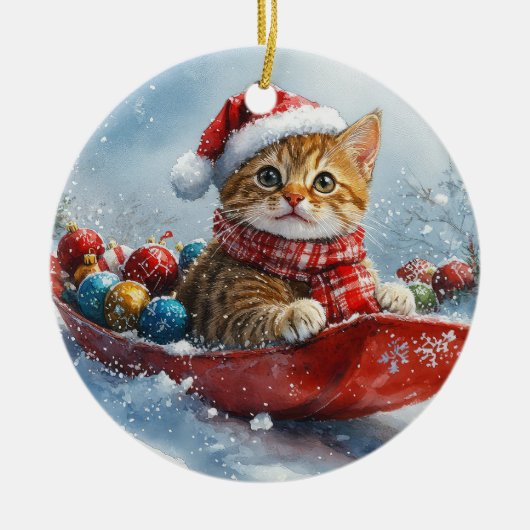 Abessijnse kat in slee laat het sneeuwen Kerstmis Keramisch Ornament (Voorkant)
