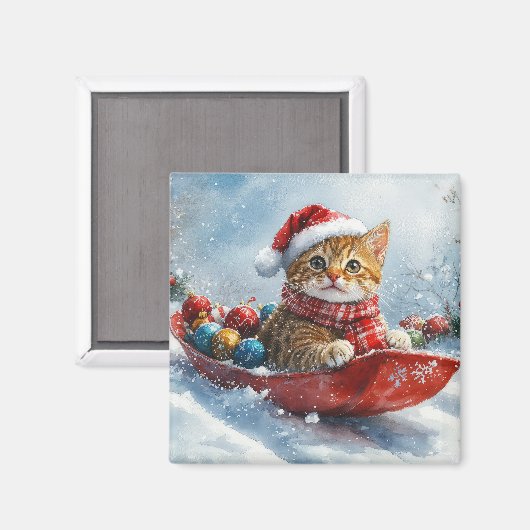 Abessijnse kat in slee laat het sneeuwen Kerstmis Magneet (Voorkant / Achterkant)