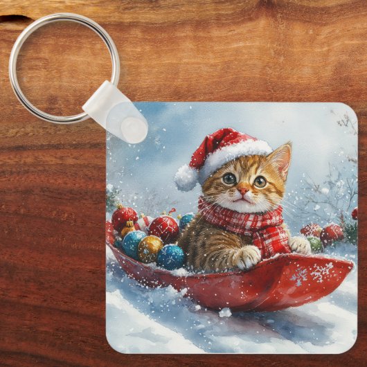 Abessijnse kat in slee laat het sneeuwen Kerstmis Sleutelhanger (Voorkant)
