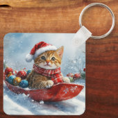 Abessijnse kat in slee laat het sneeuwen Kerstmis Sleutelhanger (Achterkant)