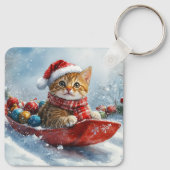 Abessijnse kat in slee laat het sneeuwen Kerstmis Sleutelhanger (Achterkant)