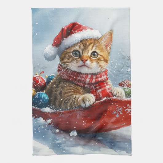 Abessijnse kat in slee laat het sneeuwen Kerstmis Theedoek (Verticaal)