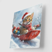 Abessijnse kat in slee laat het sneeuwen Kerstmis Vierkante Klok (Hoek)