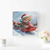 Abessijnse kat in slee laat het sneeuwen Kerstmis Vierkante Klok (Huis)