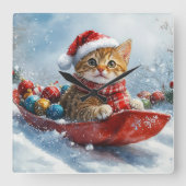 Abessijnse kat in slee laat het sneeuwen Kerstmis Vierkante Klok (Voorkant)