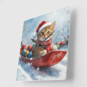 Abessijnse kat in slee laat het sneeuwen Kerstmis Vierkante Klok (Hoek)