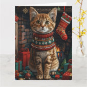 Abessijnse kat met kerstcadeaus open haard kaart (Gele Bloem)